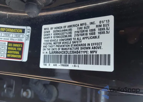 2013 Honda Cr-V Lx z USA, uszkodzony, nr VIN 5J6RM4H3XDL039484